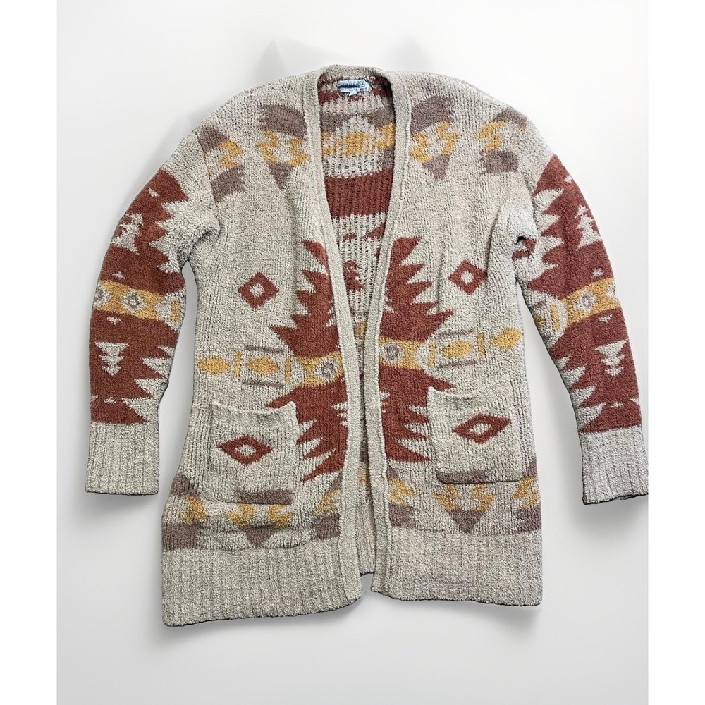 Women's Large Southwestern Aztec Open Front Cardigan Sweater Beige Boho
